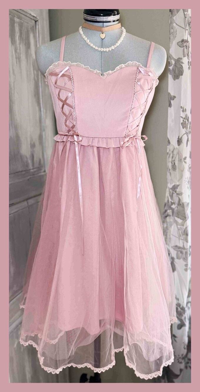 Secret Honey Pink Tulle Babydoll Camisole Dress Sweetheart Coquette Balletcore